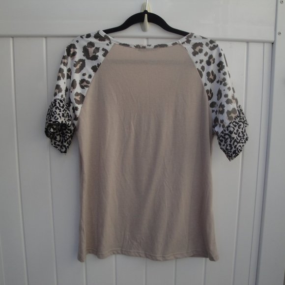 Miss Look Top Women's Large Khaki Beige Knit Animal Print Sleeves Fall - Picture 4 of 4